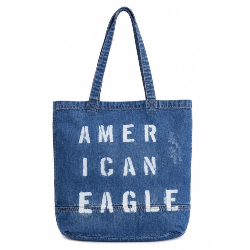 American Eagle Denim Tote Bag Blue Distressed Logo Jean Shoulder Bag Y2K